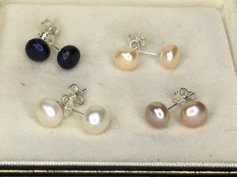 Beautiful Set Of Four (4) Pairs Of Genuine Cultured Baroque Pearl Earrings With 925 / Sterling Silver Mounts