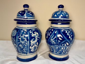 Pair Of Blue & White Ceramic Jars