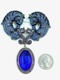 Huge Multitone Blue Rhinestone Double Horse Bust Drop Pendant Goldtone Brooch