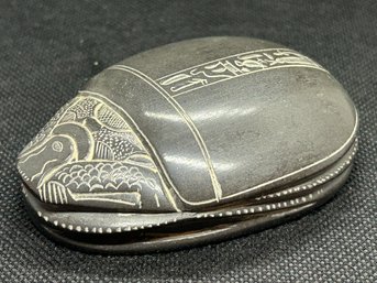 Vintage Egyptian Carved Black Stone Scarab Paperweight/Sculpture With Hieroglyphs