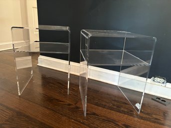 Pair Of Acrylic Waterfall Edge Style Side Tables With Shelves