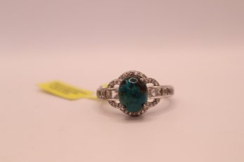 Chrysocolla With White Topaz Ring Set In Platinum Over 925 Sterling Size 11 Signed 'D'Joy'