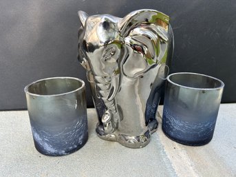 Metallic Silver Elephant With Blue Jars