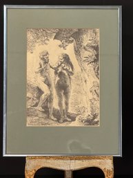 Rembrandt's Adam And Eve W/ Serpent Charcoal Print - In Metal Frame