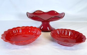Three Red Stoneware Serving Pieces-Two Made In Italy And One Made In Portugal