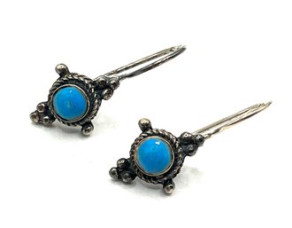 Vintage Sterling Silver Turquoise Color Ornate Earrings