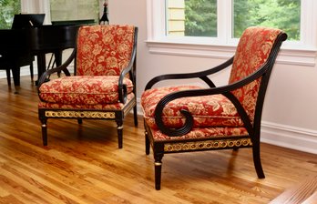 Russet Floral Scrolled And Reeded Ebony Regency Style Arm Chairs With Gold Gilt Accents