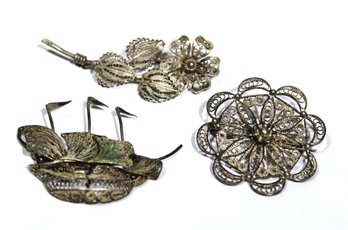 Lot Three Antique Silver Filigree Brooches Flowers And Ship