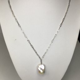 Beautiful Brand New 925 / Sterling Silver Paperclip Necklace With Natural Fireball / Baroque Pearl Pendant