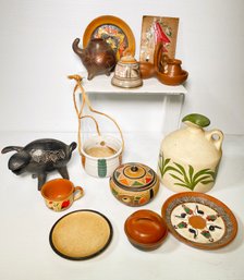 Handmade Pottery Items Some Signed- Bank, Vases, Bell, Plates, Cup, Bowls Etc. & Hand Decorated Metal Piece