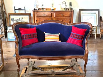 Petite Victorian Settee In Cobalt Blue Velvet On Casters