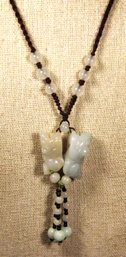Vintage Chinese Carved Jade Necklace Having Two Animal Amulets