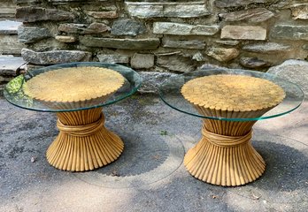A Pair Of 1970s Rattan Sheaf Of Wheatgrass Glass Topped Accent Tables