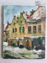 An Antique Original Oil On Canvas - Signed - Unframed - Winter Street Scape