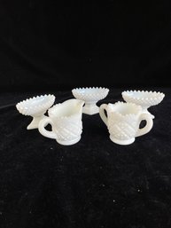 Milk Glass Creamer And Sugar Set And Dessert Bowls