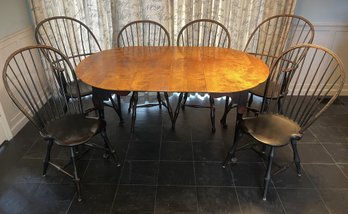 Six Signed D.R. Dimes Windsor Bow Back Chairs & A Tiger Maple Topped Table W Fillet Edges & Spoon Foot Legs