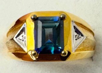 STUNNING LONDON BLUE TOPAZ & DIAMOND ACCENT GOLD OVER STERLING SILVER MENS RING
