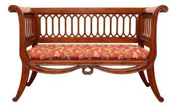 Scrolled Arm Walnut Oval Slated Settee With Red And Gold Floral Damask Upholstery