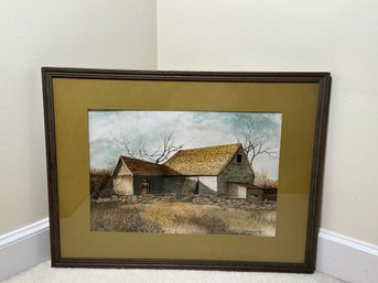 Original Watercolor Barn Landscape By Waterman, 1974