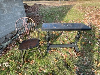 ANTIQUE WINDSOR CHAIR AND LIBRARY TABLE