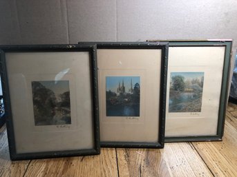 3 Antique Signed Wallace Nutting Hand Tinted Watercolor Prints 1921