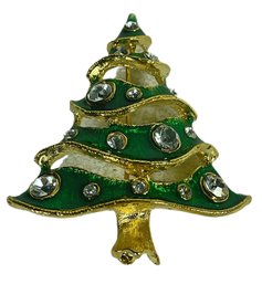 Gold Tone Vintage Christmas Tree Brooch Green Enamel Rhinestones