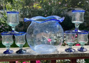 Handblown Cobalt Edge Large Vase & 6 Glasses No Issues