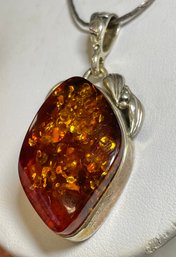 Beautiful Large Sterling Silver And Amber Pendant And Chain