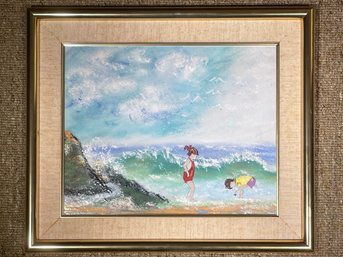 A Vintage Oil On Canvas, Coastal Scene With Children Signed Lucey