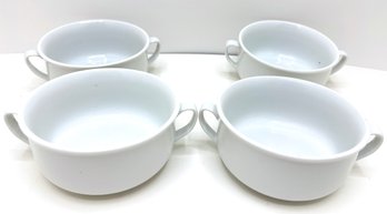 4 White Bowls With Handles, Unbranded