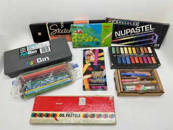 Art Supplies: New Pentel Watercolors, Conte Pastel Pencils & 7 Boxes Pastels Including Art Bin, Mostly Used &