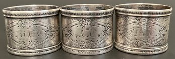 Vintage Antique Victorian Possibly Sterling Napkin Rings - Set Of 3 - Monogrammed All One Family - C Last Name