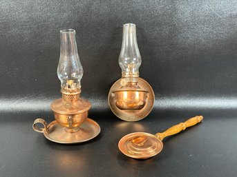 A Pair Of Petite Vintage Oil Lamps In Copper, Standing Or Wall-Hung