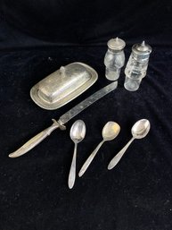 Sterling Plated Butter Dish, Shaker And Flatware