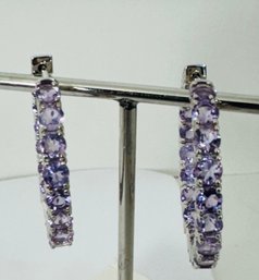 GORGEOUS JTV LAVENDER AMETHYST RHODIUM OVER STERLING SILVER HOOP EARRINGS