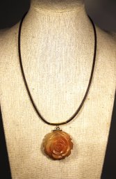 Vintage Leather, Gold And Carved Jade Hardstone Flower Pendant Necklace