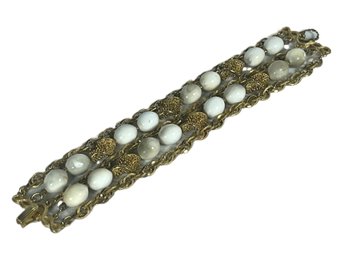 Signed TRIFARI Gold Tone Multi Strand Bracelet W White Beads