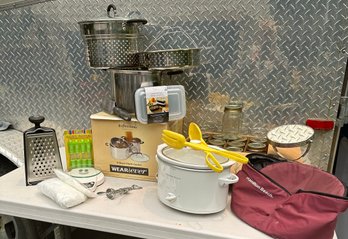 Miscellaneous Kitchen Supplies Including Crockpot With Travel Bag, Large Steamer Pot, 12 Mason Jars & More