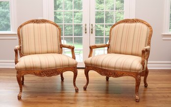 Pair Of Henredon Upholstery Silk  Carved  Fauteuil  Wide Arm Chairs
