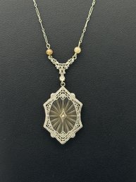 Antique Camphor Glass Necklace In 14k White Gold