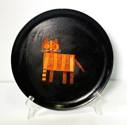 Couroc Tray With Hand Inlaid Wood Cat Figure