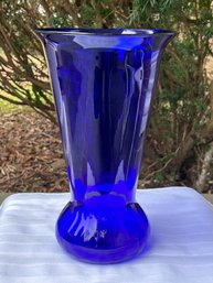 Vtg Large 11.5' H  X 7.25' Base Blue Cobalt Art Glass Vase Subtle Panels No Issues