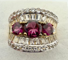 GORGEOUS PINKISH PURPLE AMETHYST & WHITE TOPAZ WIDE STERLING SILVER/GOLD ACCENT RING