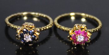 Pair Gold Over Sterling Silver Ladies Rings Genuine Rubies & Sapphires Size 5