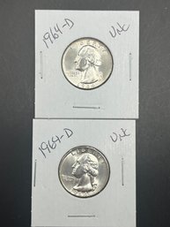 2 1964-D Uncirculated Silver Washington Quarters