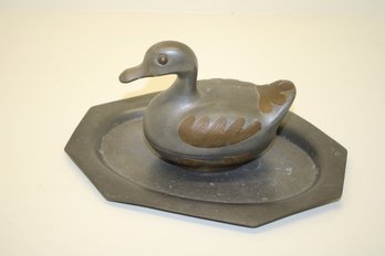 Vintage Made In Hong Kong Pewter Mallard Duck Trinket Box And Pewter Tray