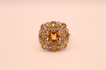 Asscher Cut Brazillian Citrine With White Zircon Ring Set In 925 Sterling Size 11 Signed 'STS' Chuck Clemency