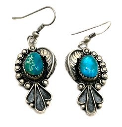 Vintage Native American Navajo Signed Sterling Silver Turquoise Dangle Earrings