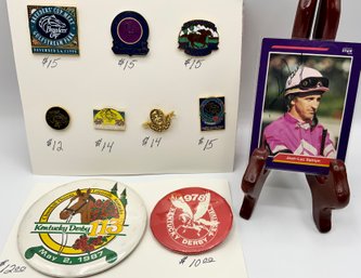 Vintage Horse Racing Lot ~ 9 Pin Backs & Autographed Jockey Card ~ Kentucky Derby & More