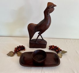 Jacaranda & Imbuia Brazilian Wood Carved Bird, Platter And Dish Plus